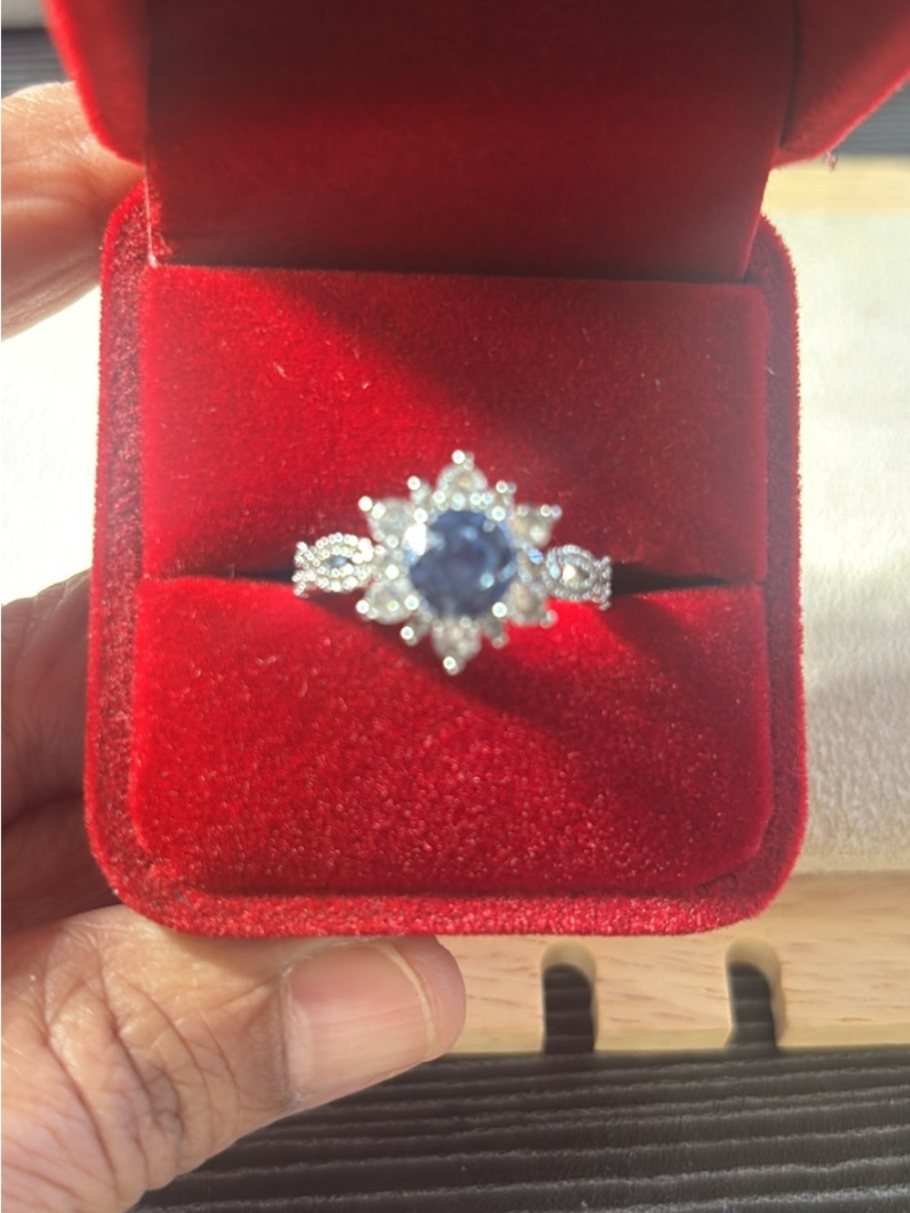 Royal Blue Sapphire Floral Halo Ring in Silver-Tone